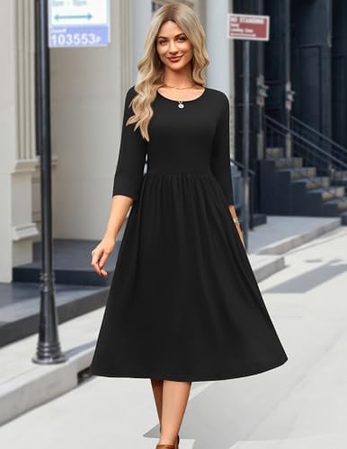 Zeagoo 3/4 Sleeve Women's Dress Casual Aline Summer Fall Midi Long Dresses