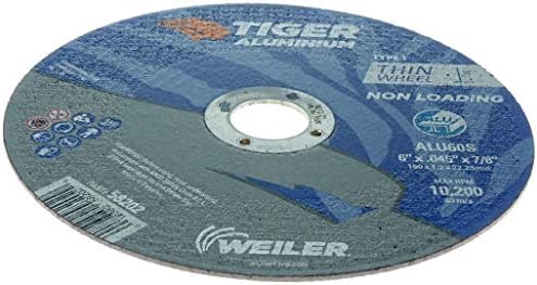 Weiler 58202 6 Inch Cutting Wheel, Tiger Aluminum Non-Loading Contaminant-Free High Performance Cutting, .045" ALU60S Type 1 7/8" Arbor, Pack of 25