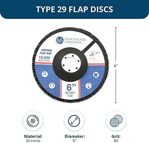 Benchmark Abrasives 6" x 7/8" Zirconia Type 29 Flap Discs, 80 Grit