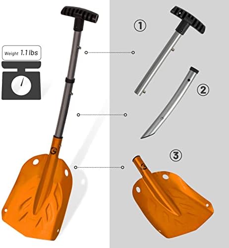 G2 Backcountry Lightweight Telescopic Avalanche Snow Shovel, Storage Down to 13 inch, Durable Aluminum Alloy Material, ABS Anti-Slip Proof Handle, Compact Storage Size (Orange)