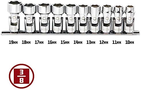 Powerbuilt 10 Piece 3/8 Inch Drive Metric Universal 6 Point Socket Set, 10–19 mm, Chrome Vanadium Steel, Mirror Polish, Z-Drive Grip, Easy Read Markings, Socket Rail – 641715