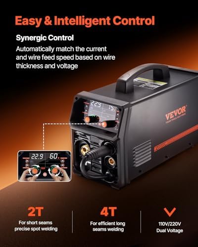 VEVOR MIG Welder, 200A Synergic Mig Welding Machine, 4-in-1 Gas MIG/Flux Core MIG/Stick/Lift TIG Multi-Process Welder Machine, 110V/220V Dual Voltage Mig Welder with IGBT Inverter & LCD Screen Display