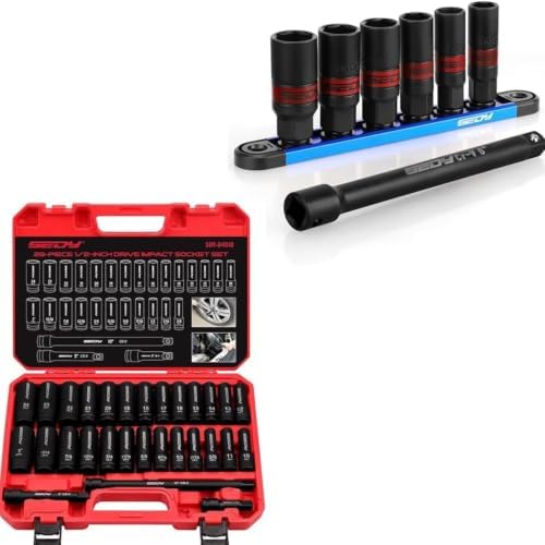 29-Piece 1/2" Drive Impact Socket Set & 7-Piece 3/8" Spark Plug Socket Set with Magnetic Guide Rail – Master SAE & Metric Deep Sockets, Extension Bars & Storage Case Combo