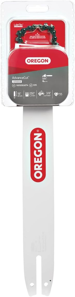 Oregon 16-Inch Replacement Chainsaw Bar and S55 AdvanceCut Chainsaw Chain Combo, 55 Drive Links, Pitch: 3/8", .050" Gauge (105668), fits several Stihl models, Grey