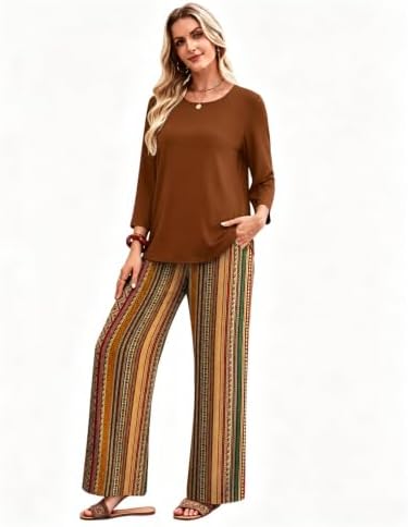 WIHOLL Two Piece Sets for Women Lounge 3/4 Length Sleeve Womens Tops Graphic Pants with Pockets Summer Outfits 2026