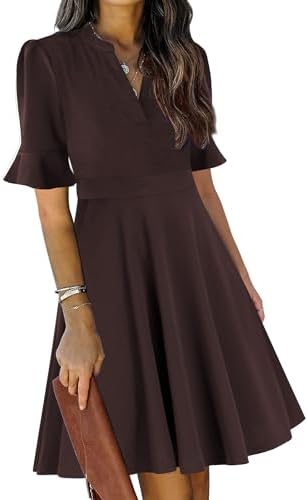 Mokayee Womens Summer V Neck Ruffle Short Sleeve Fit and Flare Knee Length Church Wedding Guest Dresses with Pockets