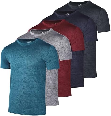 5 Pack Men's Dry Fit Workout T Shirts Crew Neck Athletic Gym Running Tees