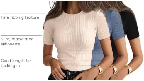 Ficerd 3 Pack Women's Ribbed Short Sleeve T-Shirts