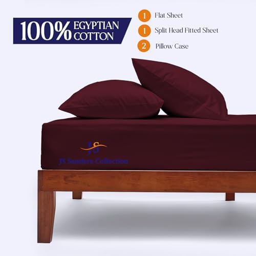 JS Sanders Collection 600TC Flex Top Queen Sheets for Sleep Number Bed - 100% Cotton 4 Pcs Top Split Queen Sheets for Adjustable Bed Queen 36 Inch Down Wine -18 Inch Deep
