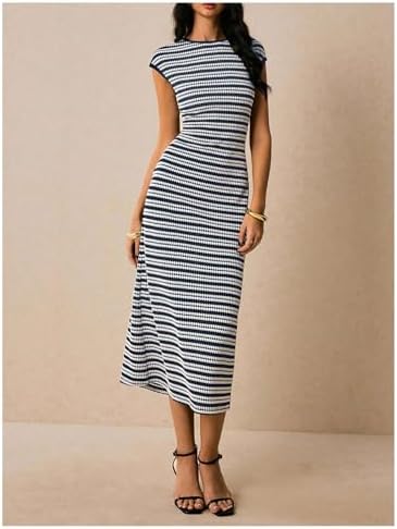 SOLY HUX Women's Striped Midi Dress Casual Work Knit Bodycon Summer Dresses