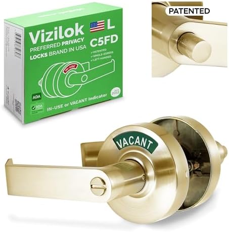 VIZILOK ADA Compliant, Single Egress Indicator Privacy Lock C5FD-L Durable ANSI Grade 2 comp Commercial LeftHanded Non Reversible in-Use or Vacant Push Button Lever - Satin Brass