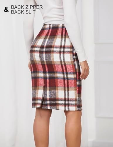 IDEALSANXUN Plaid Skirts for Women Fall Winter Knee Length Pencil Wool Skirt with Slit