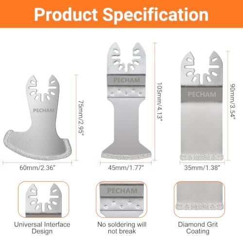 PECHAM 9PCS Diamond Oscillating Tool Blade, Multi Tool Blades Kits for Grout Removal and Soft Tile Cut, Fit Porter Cable Black & Decker Rockwell Ridgid Ryobi Milwaukee Chicago