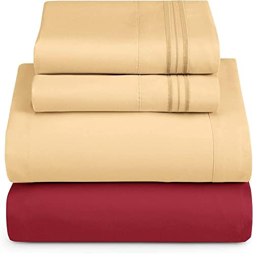 Nestl Queen Sheets Set - 4 Piece Queen Bed Sheets, Extra Soft, Double Brushed Bedding for Queen Size, 2 Tone Burgundy/Camel Gold Set, Burgundy Fitted Sheet, Camel Flat Sheet, Camel Pillow Case