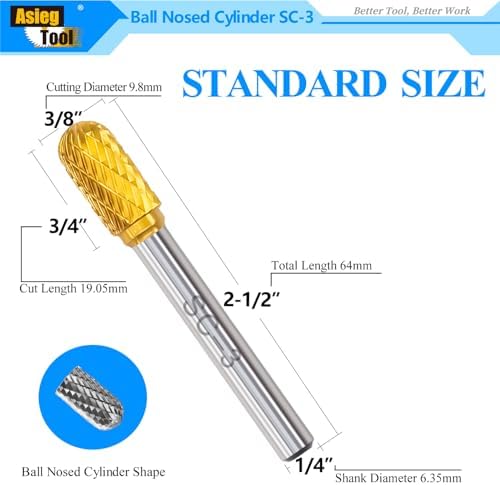 SC-3 5pcs Tungsten Carbide Burr TiN Rotary File Cylindrical Ball Nose End Shape Double Cut for Die Grinder Drill Bits 1/4'' Inch Shank and 3/8'' Inch Diameter of Cutter 3/4'' Inch Cutter Length