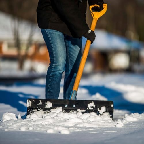 Snow Shovel with Wide 24-inch Steel Blade | 42-inch D-Grip Wood Handle Snow Pusher