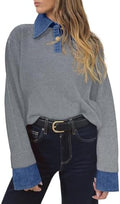 Saodimallsu Womens Denim Patchwork Sweaters V Neck Polo Pullover Tops