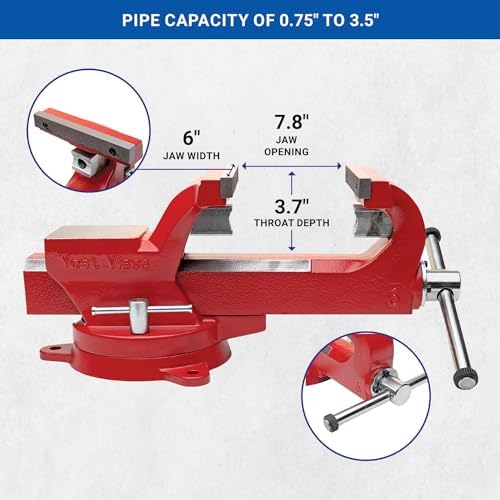 Yost Vises ADI-6 Heavy Duty Vise | 130,000 PSI Tensile Strength Austempered Ductile Iron Bench Vise | 6 Inch Jaw Width with a 360 Degrees Interlocking Swivel Base and 2 Lockdowns | Red