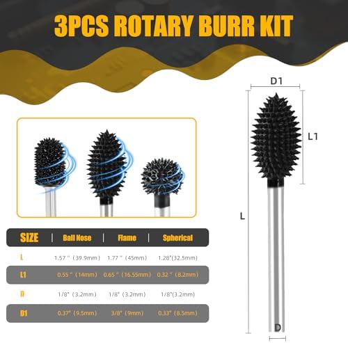 CAELUM Carbide Rotary Burr Set 3 Pcs, 1/8" Coarse, for Dremel Rotary Tools