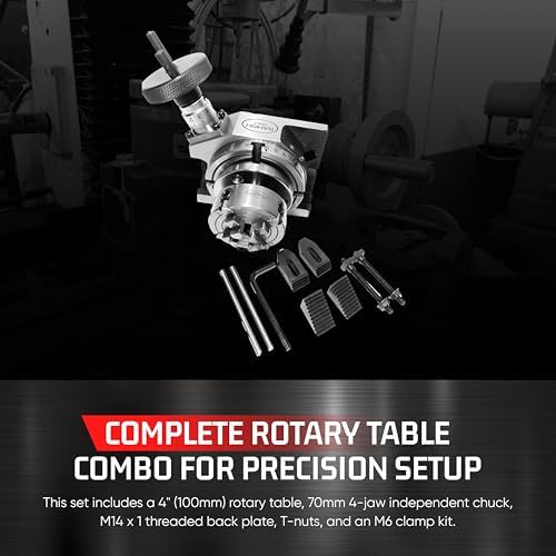 Rotary Table, Horizontal & Vertical, 70mm 4 Jaw Chuck & M6 Clamp Set, 4"