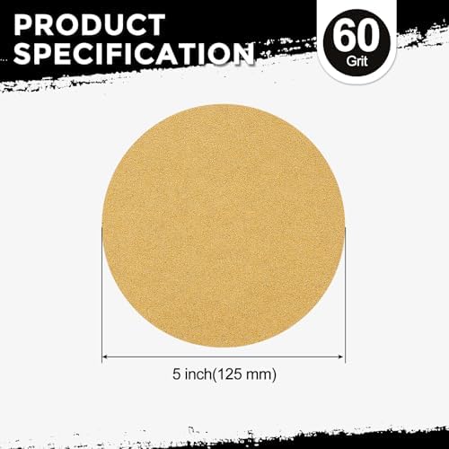 50Pcs Sanding Discs 5In 60Grit Hook and Loop Sandpapers Yellow