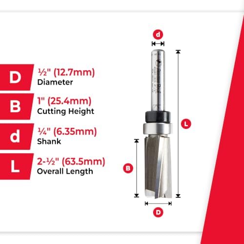 Amana Tool 45460-3US Carbide Tipped Flush Trim Plunge Template Up Shear Angle 1/2 D x 1 Inch CH x 1/4 SHK w/Upper Ball Bearing Router Bit