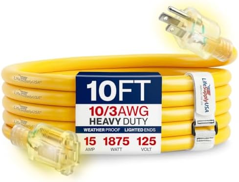 10ft Outdoor/Indoor Extension Cord 10/3 Gauge Ultra Heavy Duty 3 Prong SJTW, Waterproof, Flexible Cold-Resistant Long Power Cord,15A 125V 1875W, Yellow by LifeSupplyUSA