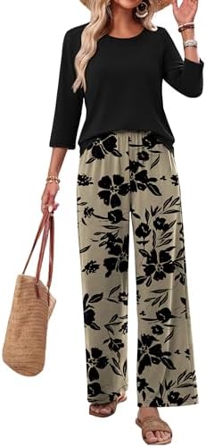 WIHOLL Two Piece Sets for Women Lounge 3/4 Length Sleeve Womens Tops Graphic Pants with Pockets Summer Outfits 2026
