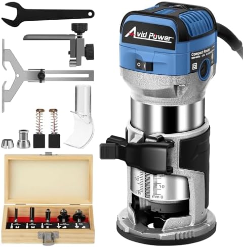 AVID POWER 6.5 Amp 1.25 HP Compact Router Tools for Woodworking, Fixed Base Wood Router with Trim Router Bits, 6 Variable Speeds, Edge Guide, Roller Guide, Dust Hood (Blue, 65mm)