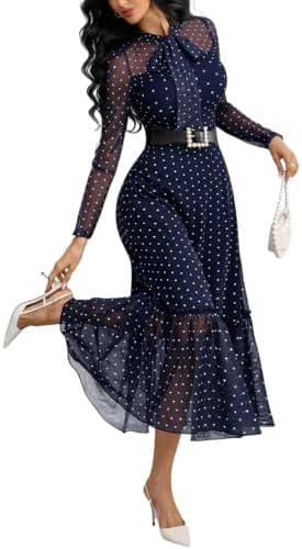 GothDark Polka dot Dress for Women Tie Neck Bow Ruffle Fall Vintage Dress