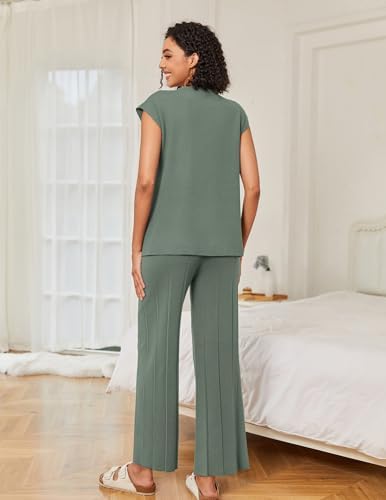 Ekouaer Lounge Sets for Women Two Piece Outfits Knit Cap Sleeve Tops Wide Leg Pleated Pants Casual Dressy Sweater Sets