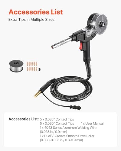 VEVOR 135Amp Spool Gun with 10FT Cable, Replacement for Miller Spoolmate 100 - with 11PCS Mig Welding Contact Tips, ER4043 0.035" Aluminum Mig Welding Wire & Toolbox