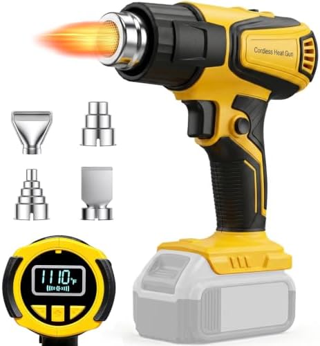 Cordless Heat Gun Compatible with Dewalt 20V Battery,Adjustable Temp 120℉–1110℉,LED Light,Portable Hot Air Gun LCD Digital Display & 4 Nozzles For Shrink Tubing (Tool Only, Not Made by Dewalt)