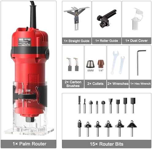 TEENO Wood Router, 800W Compact Router Tools for Woodworking, 31000 RPM Hand Trim Router with 15 Pcs 1/4" Router Bits Set, Edge Guide, Roller Guide, Dust Hood