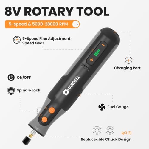 HARDELL 8V Cordless Rotary Tool Kit, 5‑Speed, 28000RPM for DIY Craft