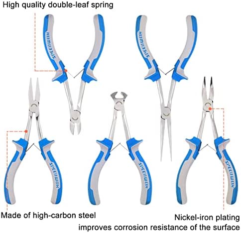 SPEEDWOX 5Pcs Mini Long Reach Pliers Set with Case Include Flat Nose Pliers End Cutting Pliers Bent Nose Pliers Diagonal Pliers Needle Nose Pliers for Making Crafts, Repairing