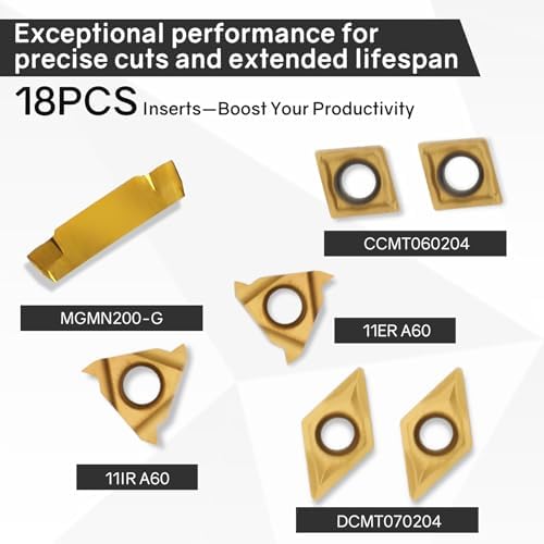 Indexable Lathe Turning Tool 27Pcs Kit 3/8'' 10mm Shank, 9Pcs Metal Lathe Tools Holder Set with 18Pcs Inserts, for Turning Grooving Threading Boring, Lathe Tooling with Reverse Tool Design