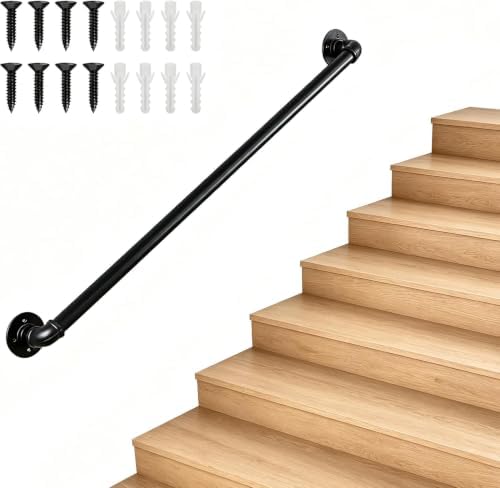 3.3FT Metal Staircase Hand Rail,Wall-Mounted Industrial Pipe Stair Handrail | Black Galvanized Iron Handrails for Garage, Porch, Toilet, Yard and Garden, Vintage Railing for Outdoor Indoor Stairs