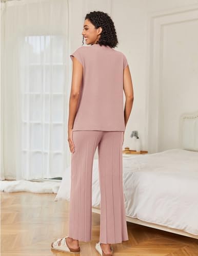 Ekouaer Lounge Sets for Women Two Piece Outfits Knit Cap Sleeve Tops Wide Leg Pleated Pants Casual Dressy Sweater Sets