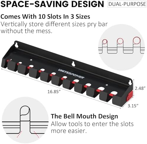 UNITEDPOWER Pry Bar Holder, Lockable Wall Mount Storage Rack Organizer for Workshop, Shed, Garage, Home, Stores up to 10 13 Tools or Extensions