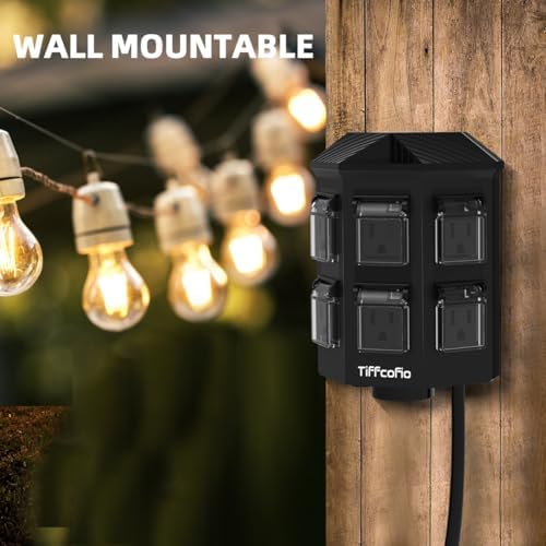TiFFCOFiO Outdoor Power Strip with Stake, 30 FT Extension Cord Waterproof, 6 Grounded Outlets for Outdoor Lights, 14 AWG, 15A/1875W, ETL Listed