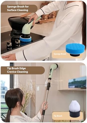 Electric Spin Scrubber, Powerful Handheld Rotating Cleaner Brush with Adjustable Extension Handle for Kitchen Bathroom White