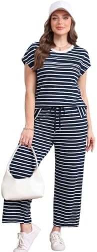 WIHOLL Two Piece Sets for Women Summer Spring Travel Vacation Outfits Cap Sleeve Lounge Matching Sets Wide Leg Pants S-3XL