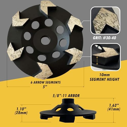 5" Diamond Grinding Wheel 6 Arrow Seg for Concrete & Coating 5/8"-11