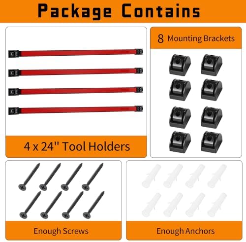 24" Magnetic Tool Holder Strip, 4 Pieces Red Metal Tool Organizer Rack with Stainless Steel Surface, Magnet Bar for Garage Workshop, Easy To Install with Mounting Screws