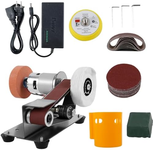 Mini Belt Sander, 15° Electric Spindle Knife Sharpener Bench Grinder Sanding Machine, 7 Adjustable Speed Belt Grinder, Cutter Sharpener Sander Small Polishing Grinding Machine for Metal Jewelry