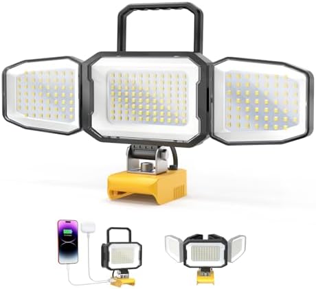 LED Work Light Compatible with DeWalt 20V Battery, 150W 15000LM Flood Light, 6500K Daylight 3-Head Adjustable, USB Type-C&2 Brightness Modes Portable Flashlight Job Site Light (Tool Only)