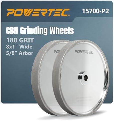 POWERTEC CBN Grinding Wheel 8 Inch 180 Grit, Bench Grinder Wheel for Sharpening HSS Tools, Lathe Tools & Chisel Set, 8" x 1" Wide, 5/8" Arbor Bench Grinder Wheels for Bench Grinder, 2 PK (15700-P2)