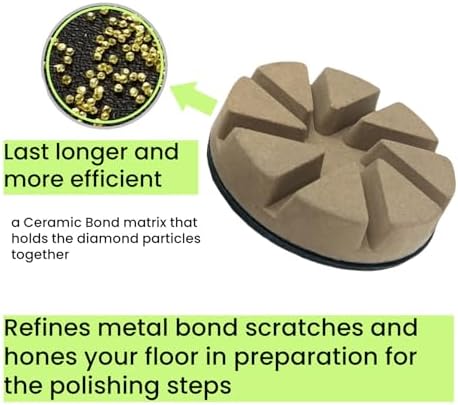 Hybrid Diamond Ceramic Polishing Pucks, Aggressive Concrete Terrazzo Floor Hook n Loop Grinding Pads, 3 Inch Long Using Life Transitional Discs,400# 3PCS