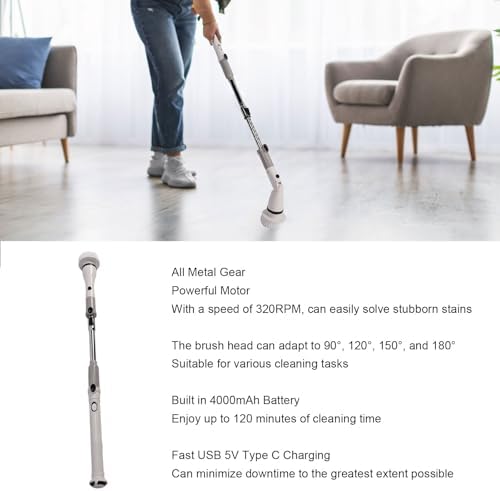 100-240V US Plug Electric Spin Scrubber with Metal Gear 320 RPM Motor - IPX9 Cordless Floor Cleaning Brush with 4000 mAh Battery, 120 Minute Runtime, 62 to 124 cm Extendable